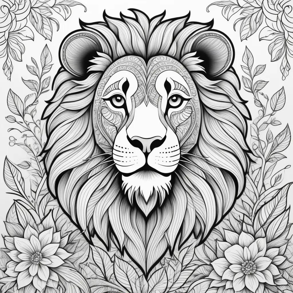 Lion coloring page in black and white with flowers