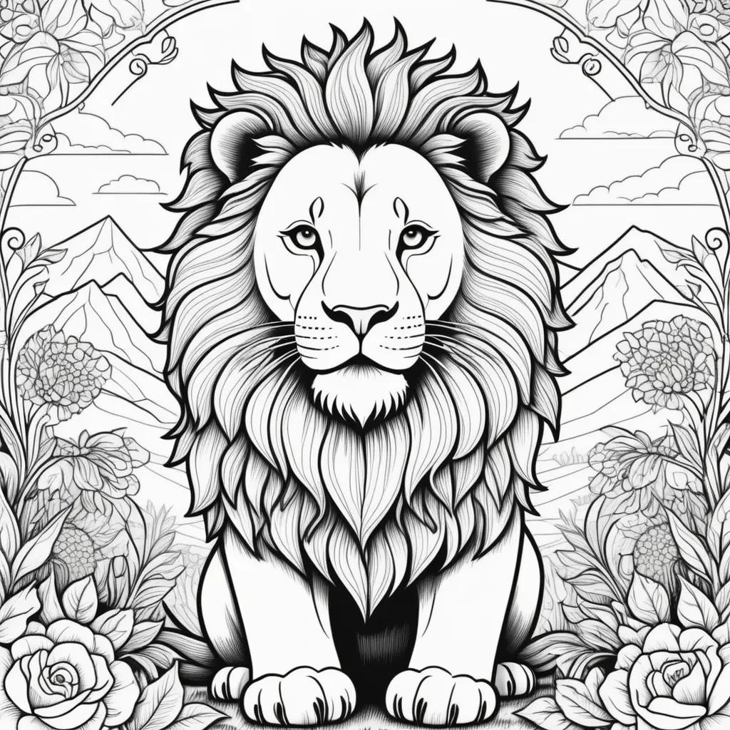 Lion coloring page with black and white illustrations of a lion