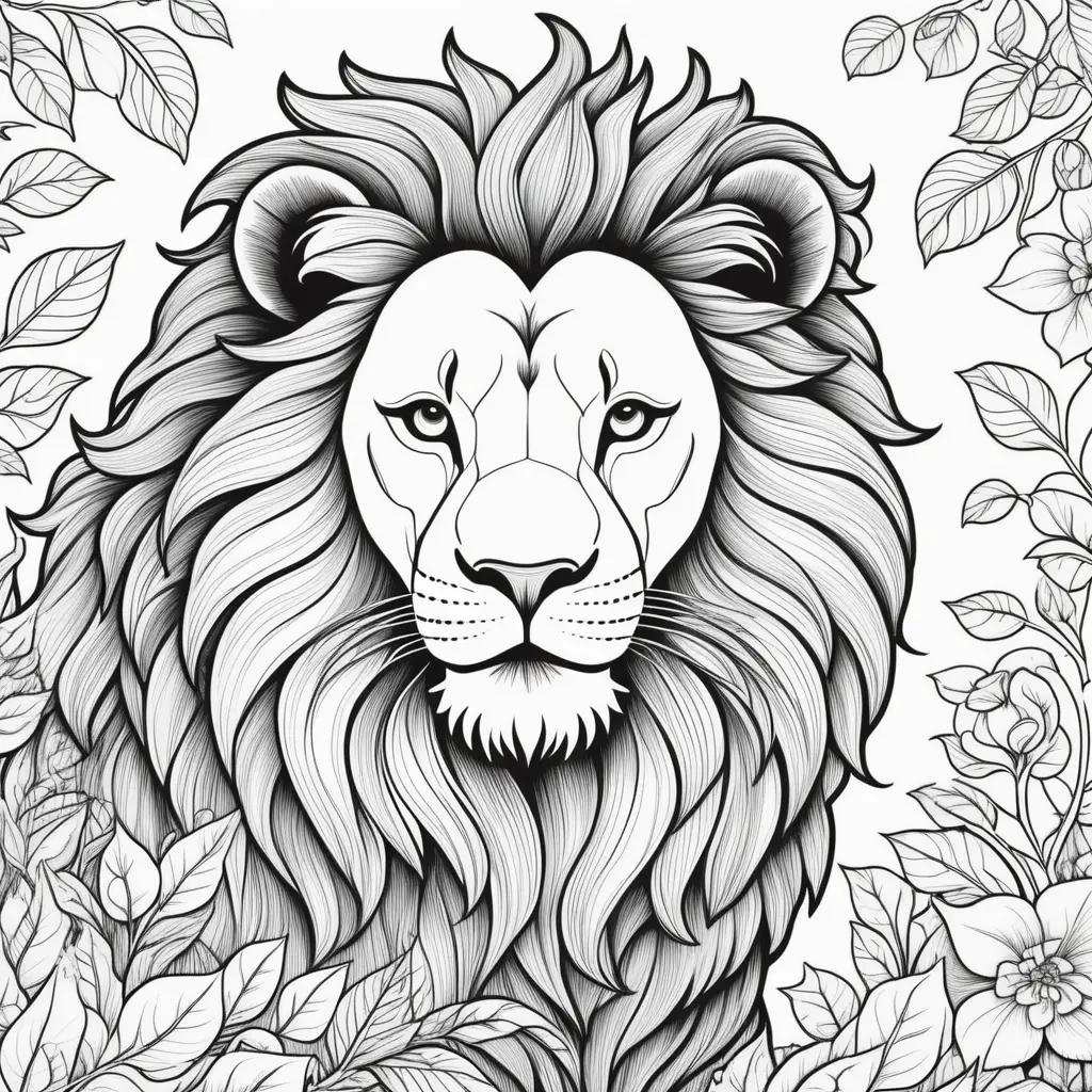 Lion coloring page with black and white illustrations of leaves and flowers