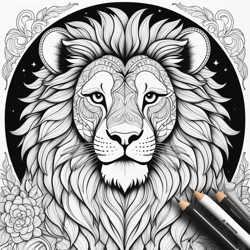 Lion coloring page with various tools for coloring