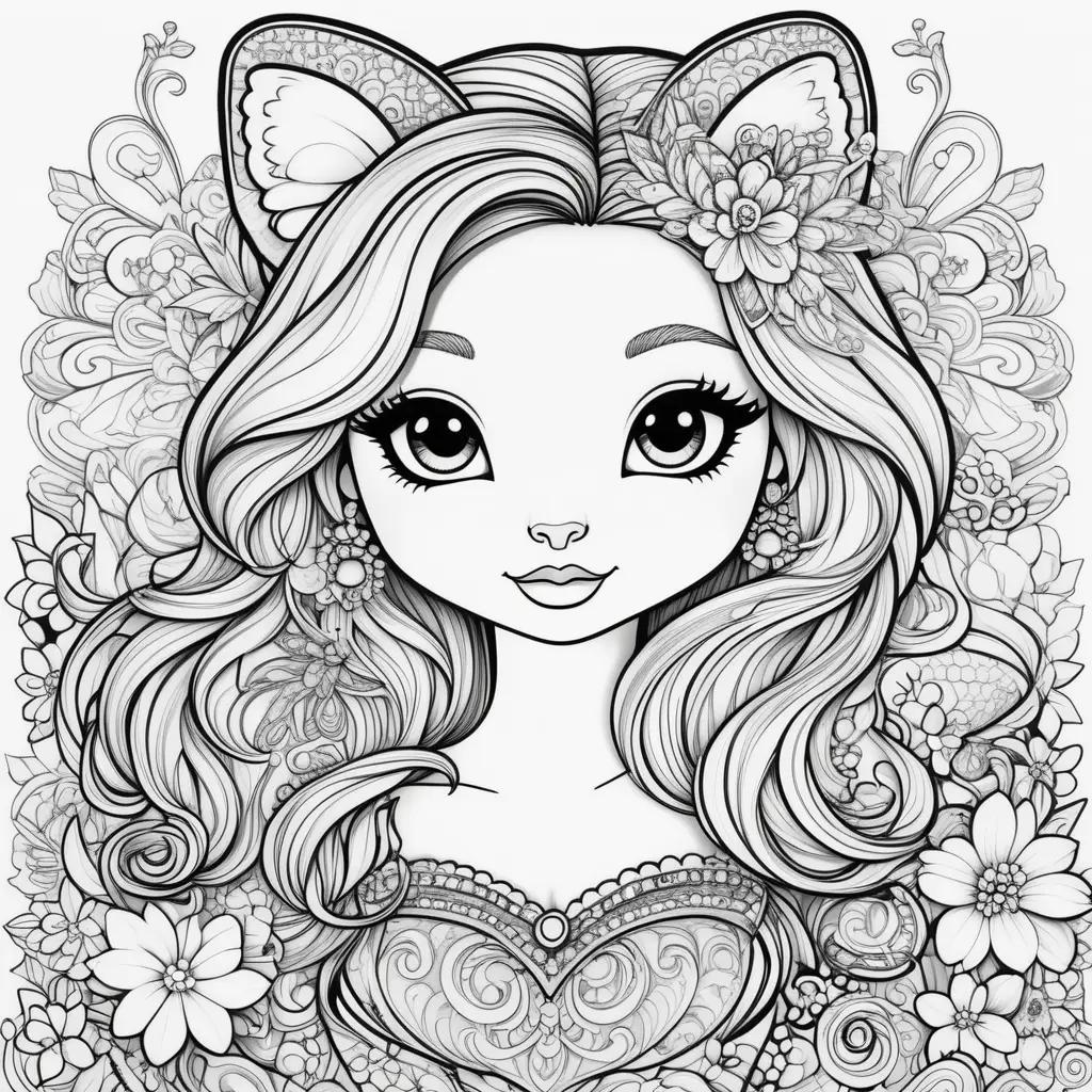 Lisa Frank coloring page of a cat with flowers