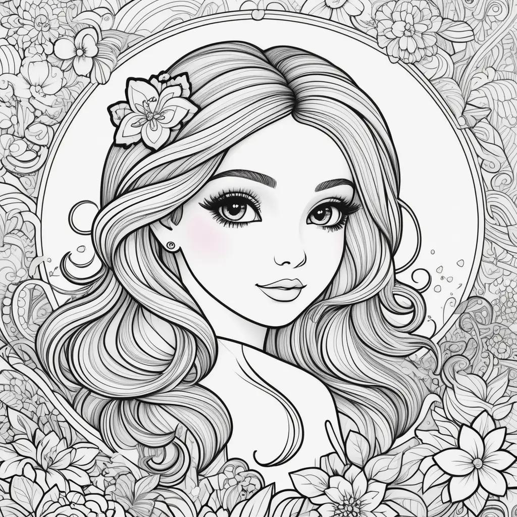 Lisa Frank coloring page of a woman with flowers