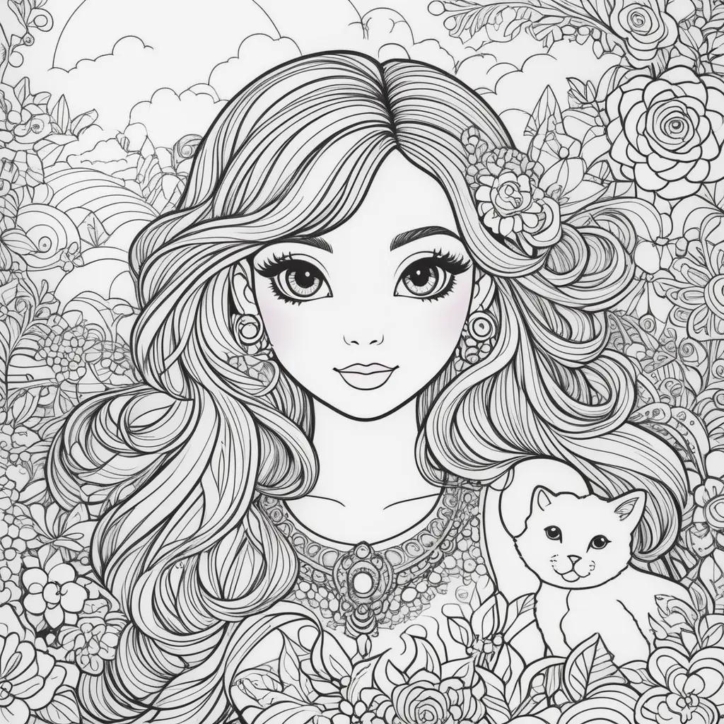 Lisa Frank coloring pages featuring a girl with a cat and flowers