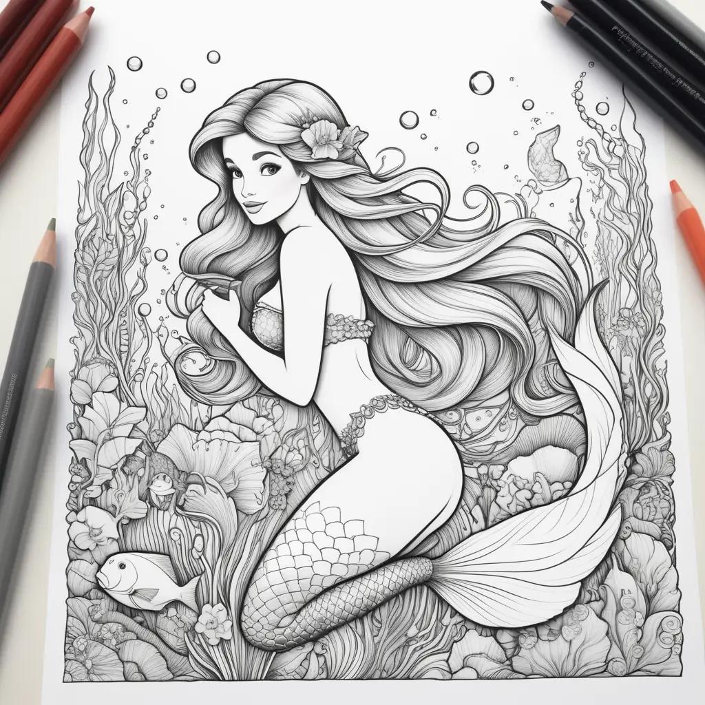 Little Mermaid coloring page features a mermaid and a sea turtle