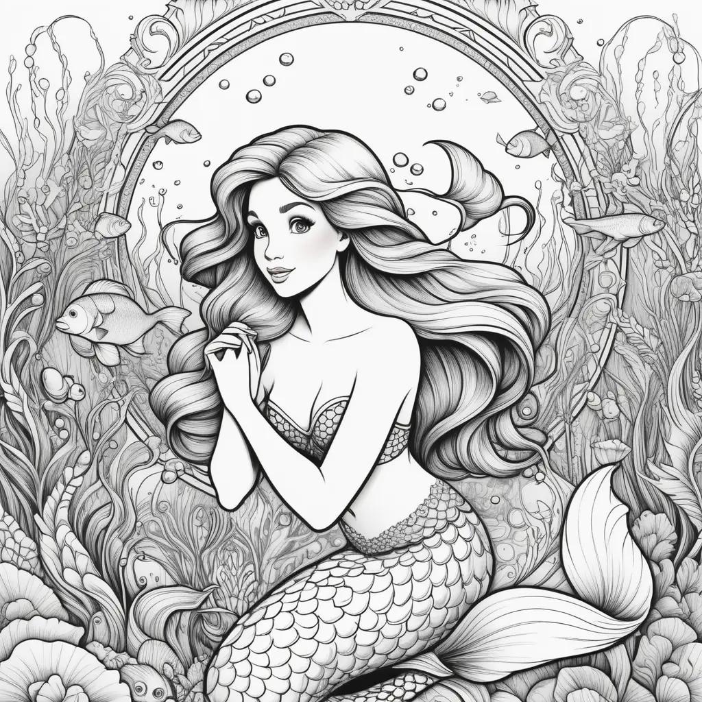 Little Mermaid coloring page with mermaid and fish