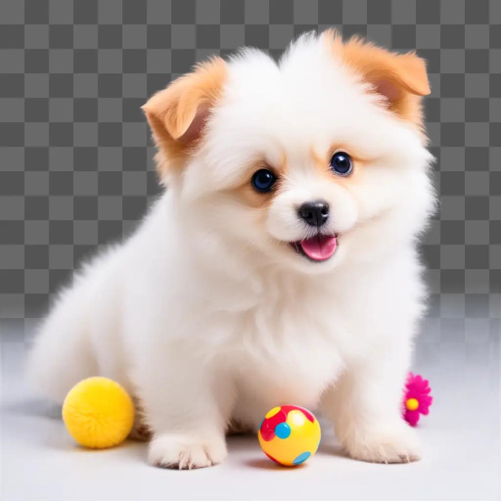 Little dog with colorful toys and big smile