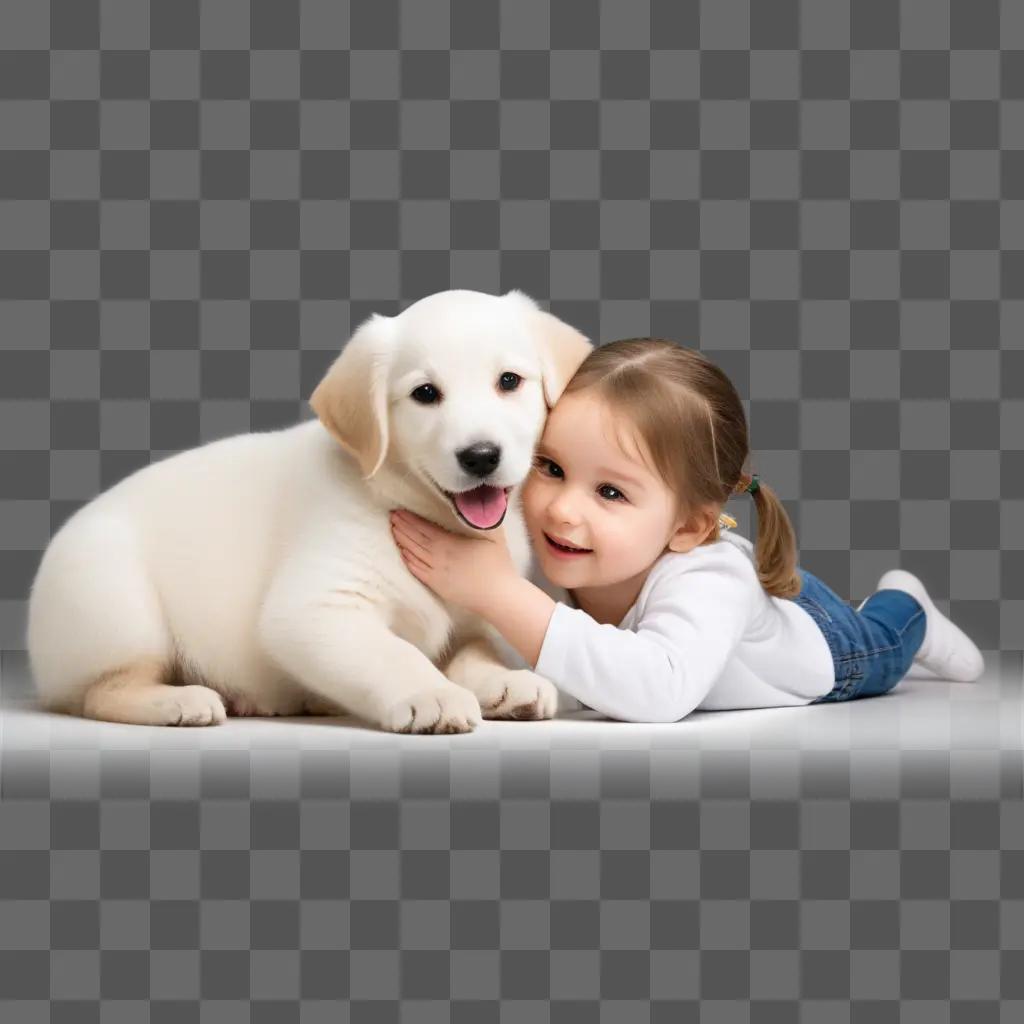 Little girl cuddles with white puppy on the floor