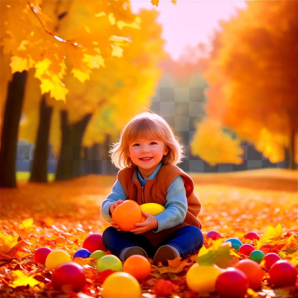 Little girl in a fall setting with orange balls