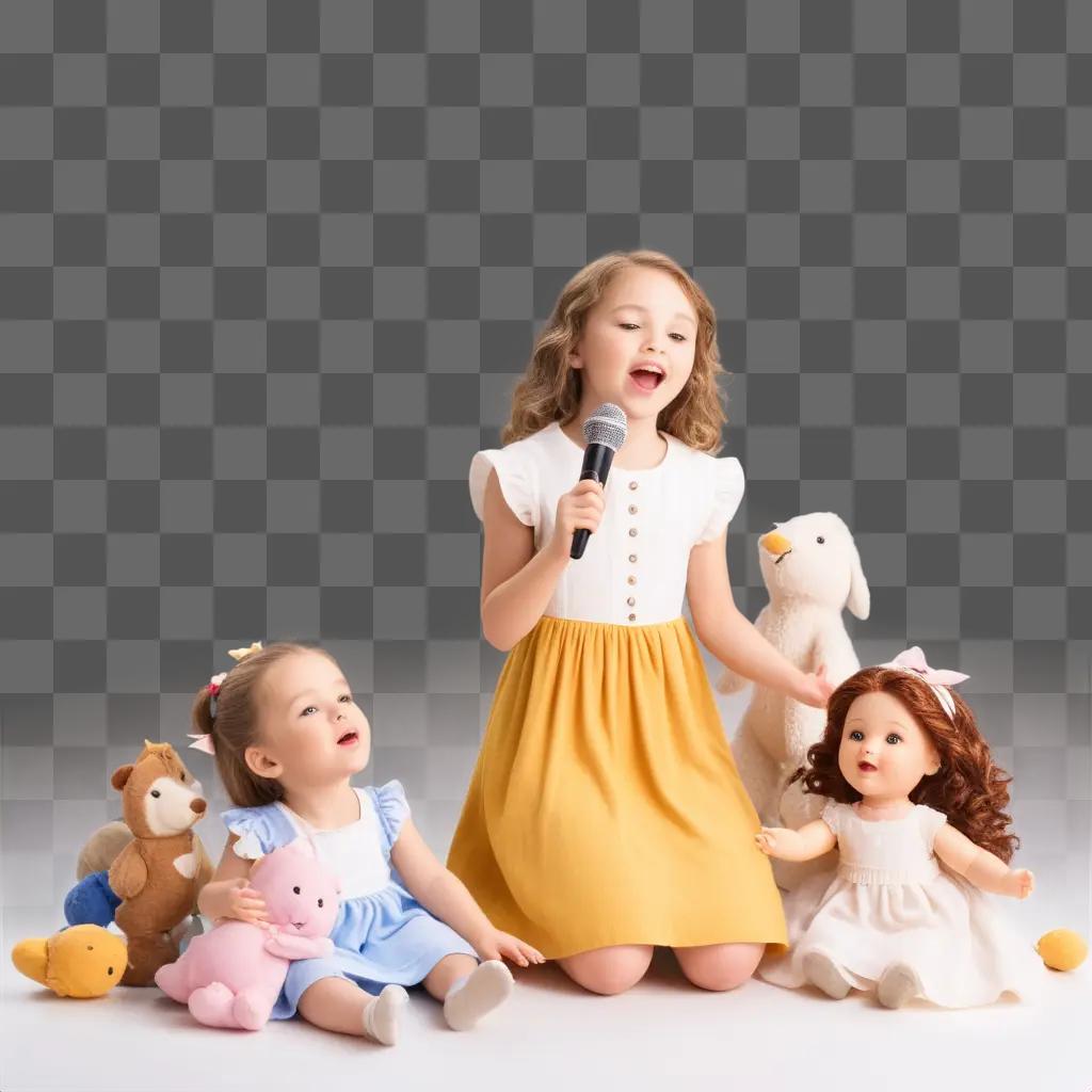 Little girl sings with dolls on a pink background