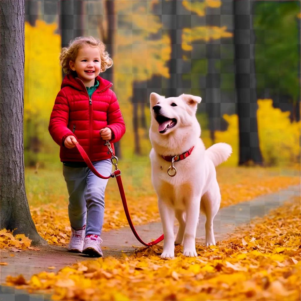 小さな女の子はひもで犬を散歩させます