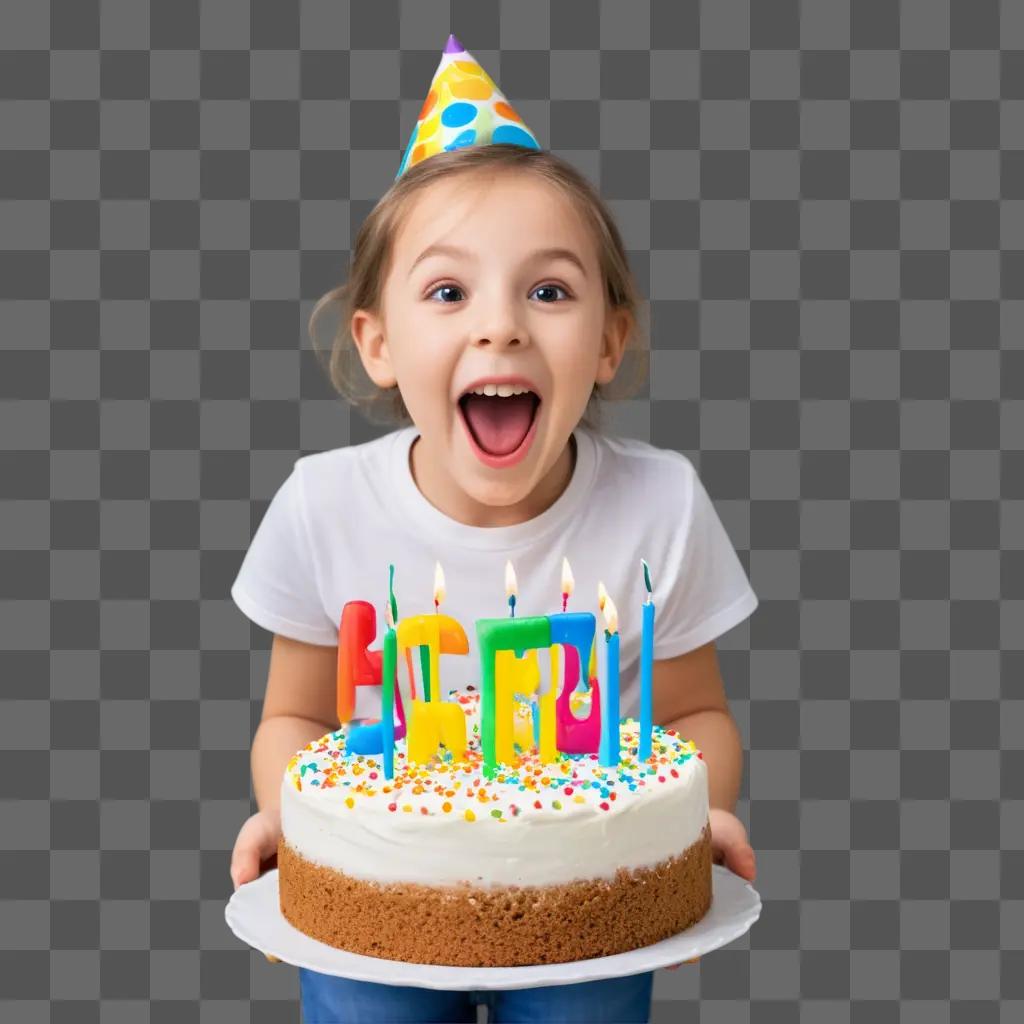 Little girl with a birthday cake and a birthday hat