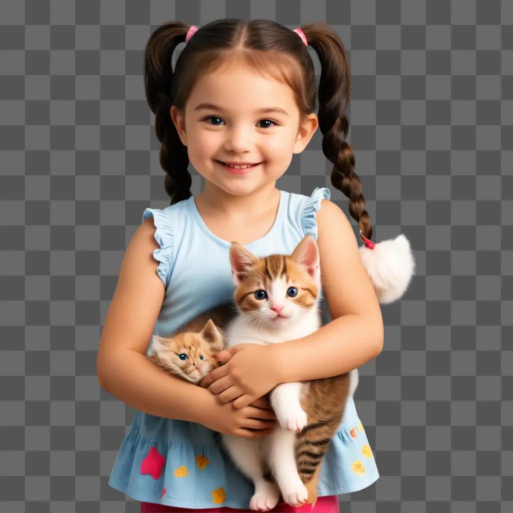 おさげ髪の少女は子猫を抱いています