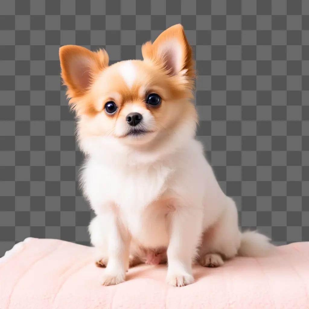 Little white and tan dog sits on pink blanket