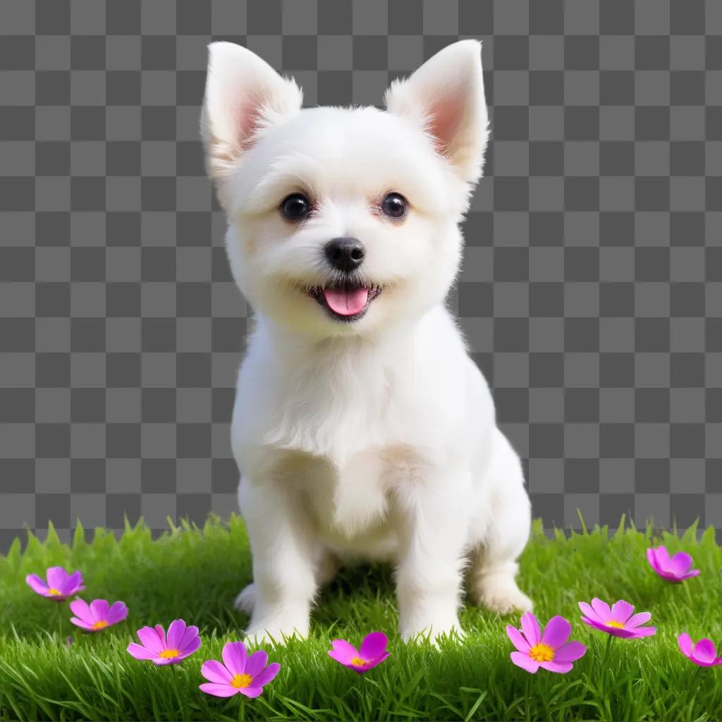 Little white dog sits in field of pink flowers