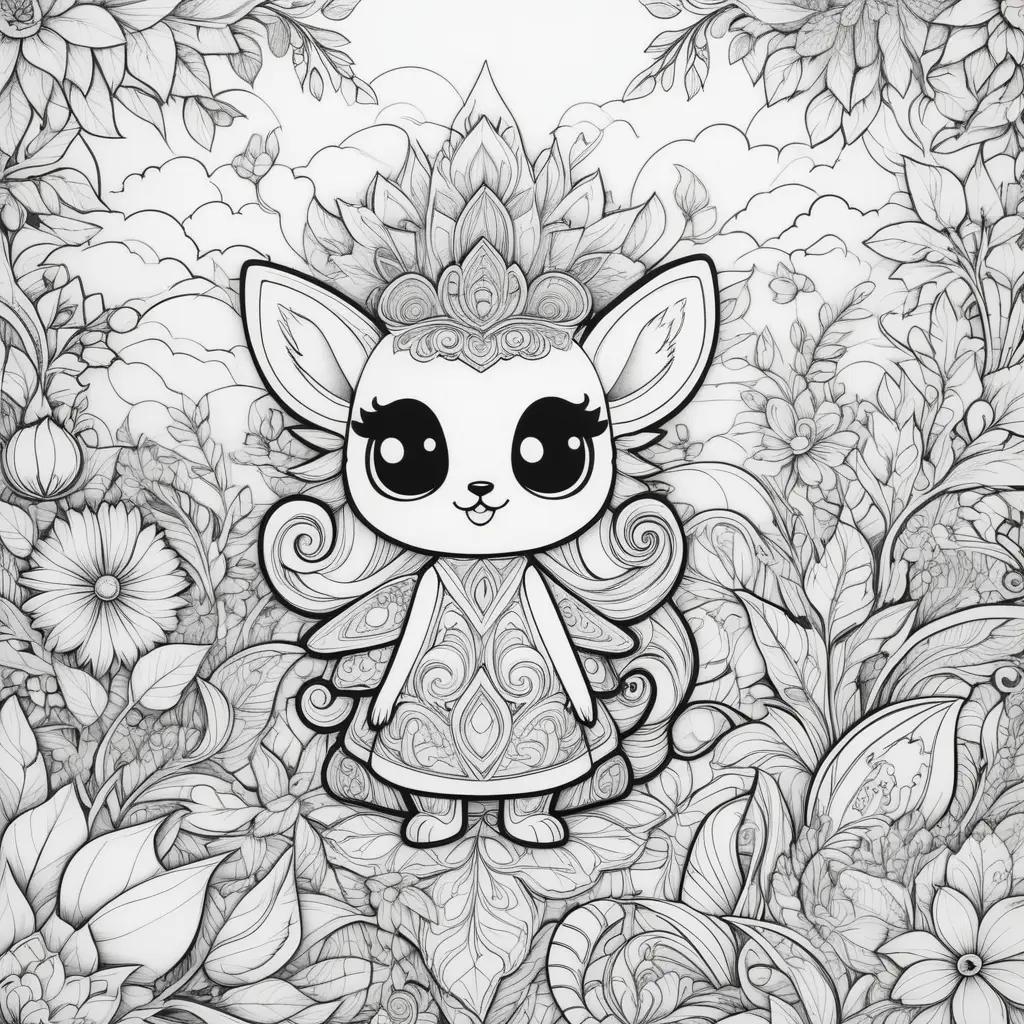 Lol coloring page with a cartoon cat in a floral garden