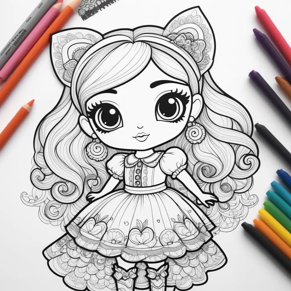 Lol doll coloring page with colorful pencils around it