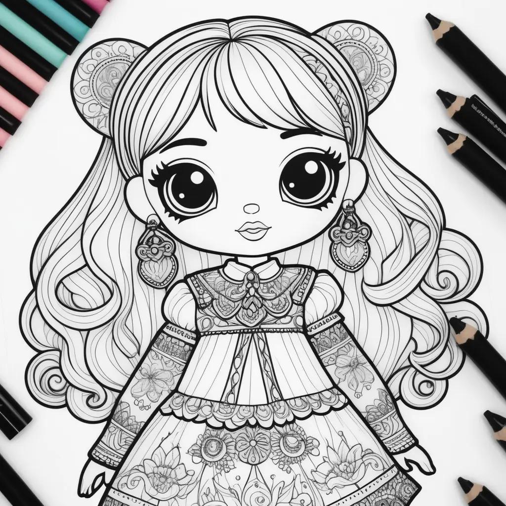 Lol doll coloring page with pencils and markers