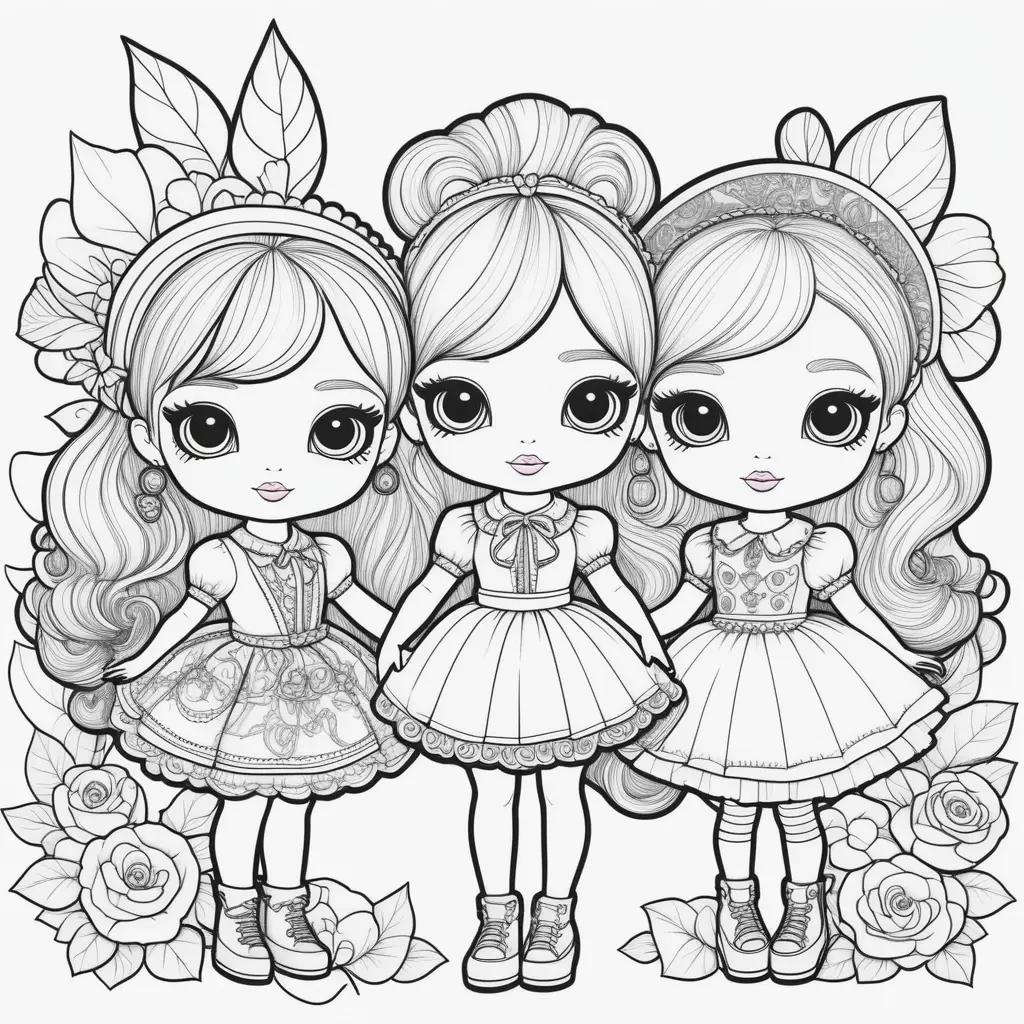 Lol dolls coloring pages with black and white illustrations of three dolls