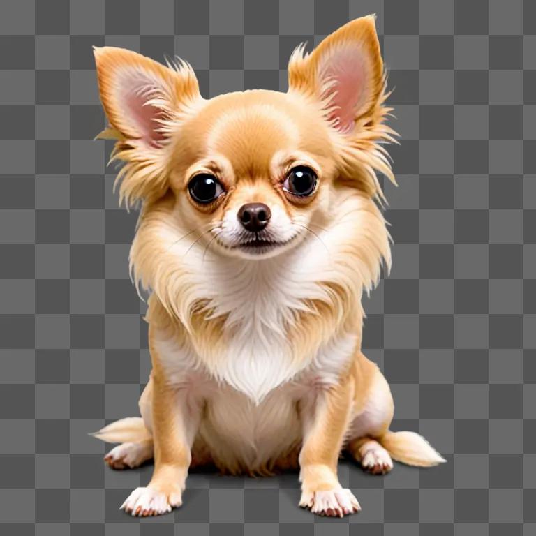 Long haired apple head chihuahua sits in front of a beige background