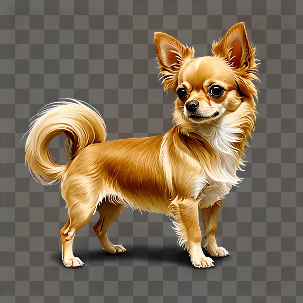 Long haired apple head chihuahua standing against a brown background