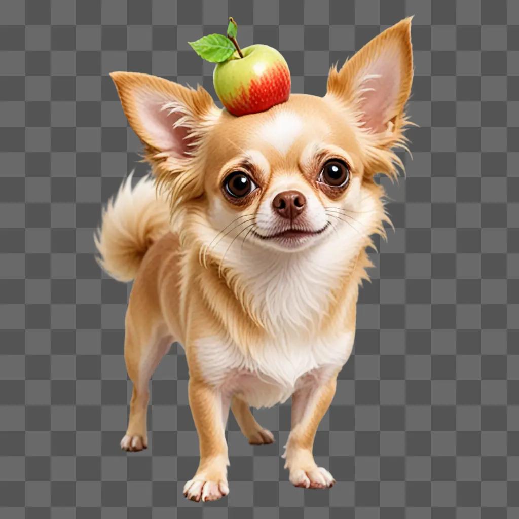 Long haired apple head chihuahua wearing an apple on its head