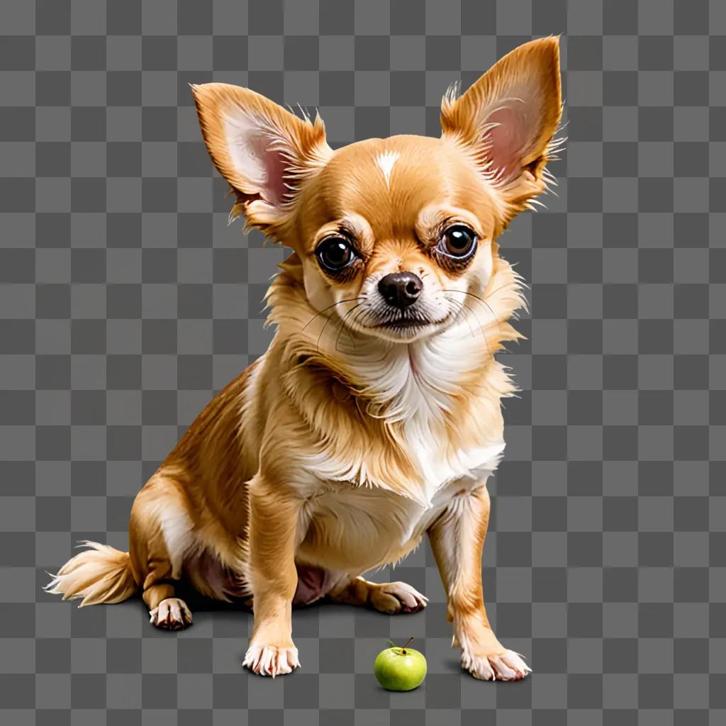 Long haired apple head chihuahua with a green apple