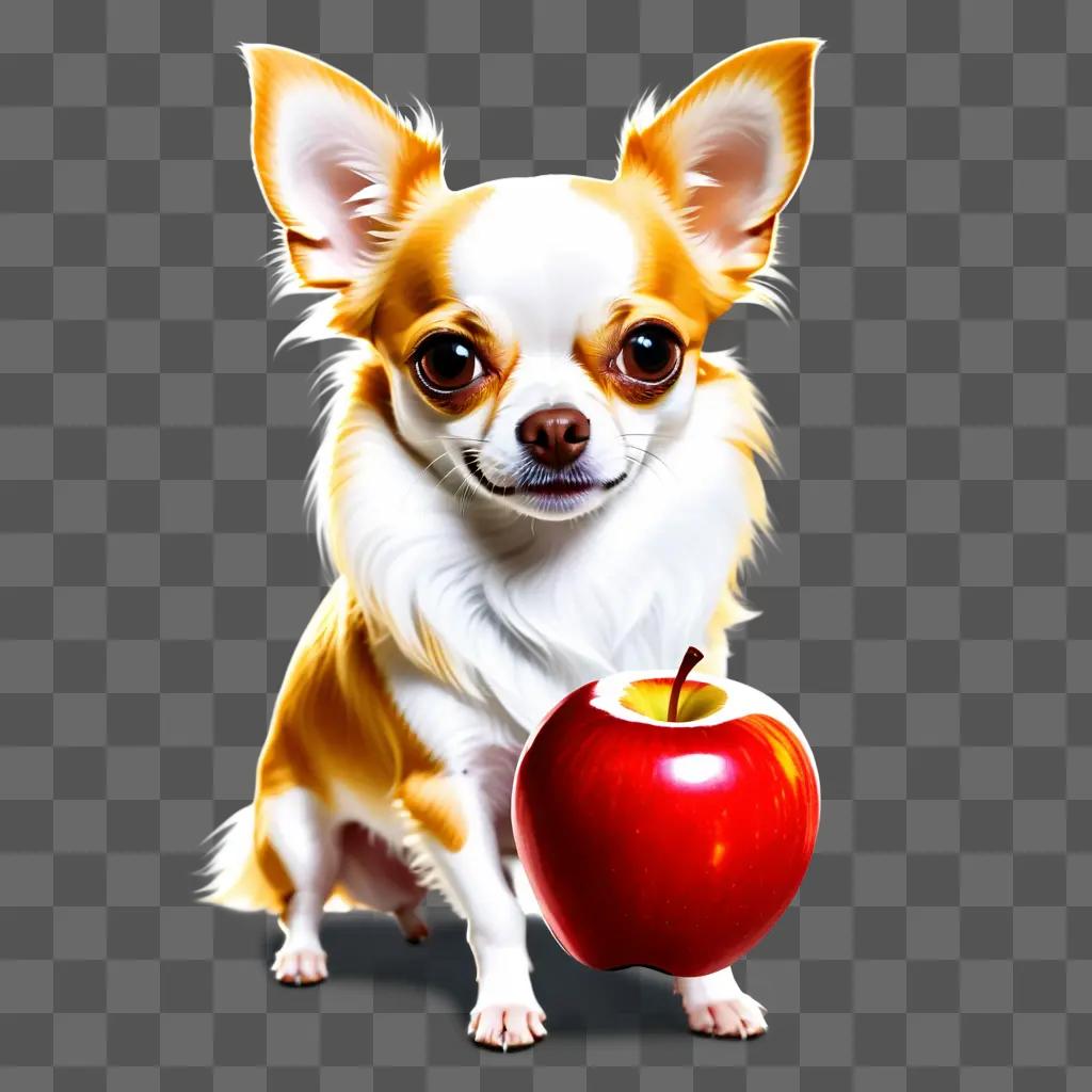 Long-haired apple head chihuahua with a red apple in his mouth