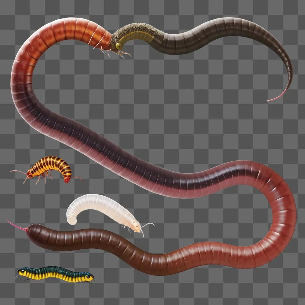 Long worm with multiple heads on a brown background