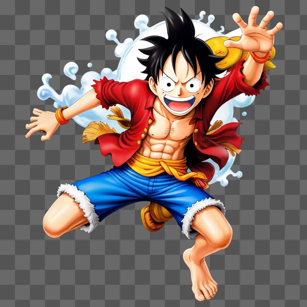 Luffy character is jumping with a wave of his hand