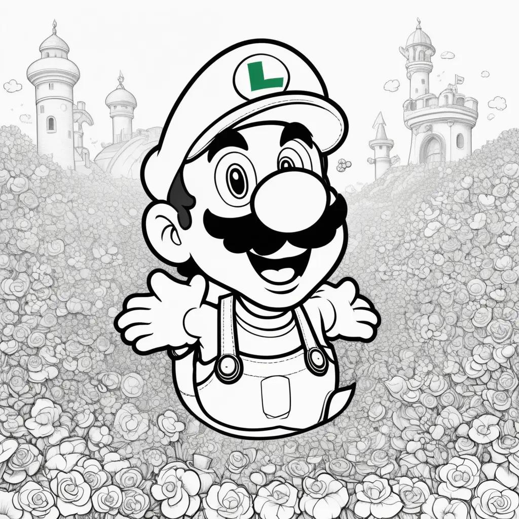 Luigi color pages with castles and flowers