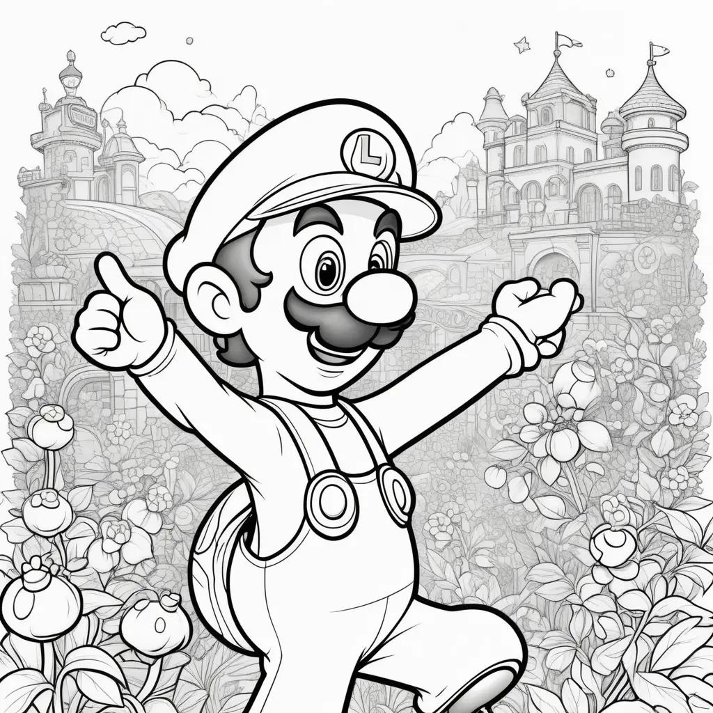 Luigi coloring page with castle and flowers