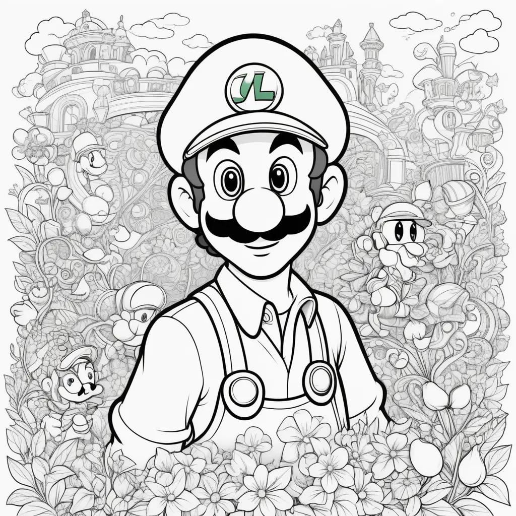 Luigi coloring page with green background and flowers