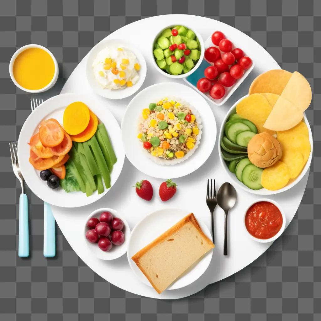 Lunch plate with vegetables and fruit, arranged on a round plate