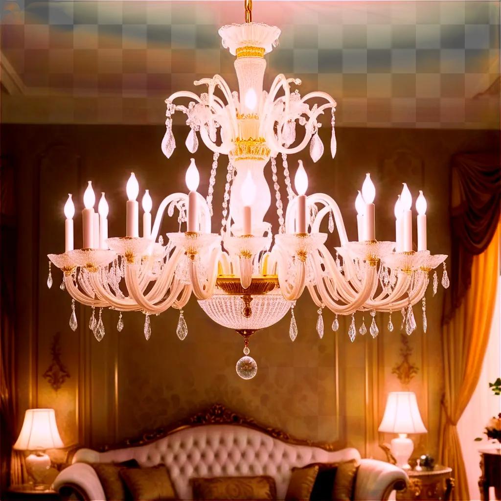 Luxurious chandelier with numerous candles in a room