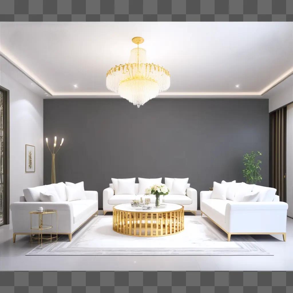 Luxury living room with gold accent and white furniture