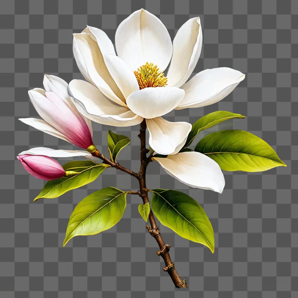 Magnolia flower drawing with green leaves and buds