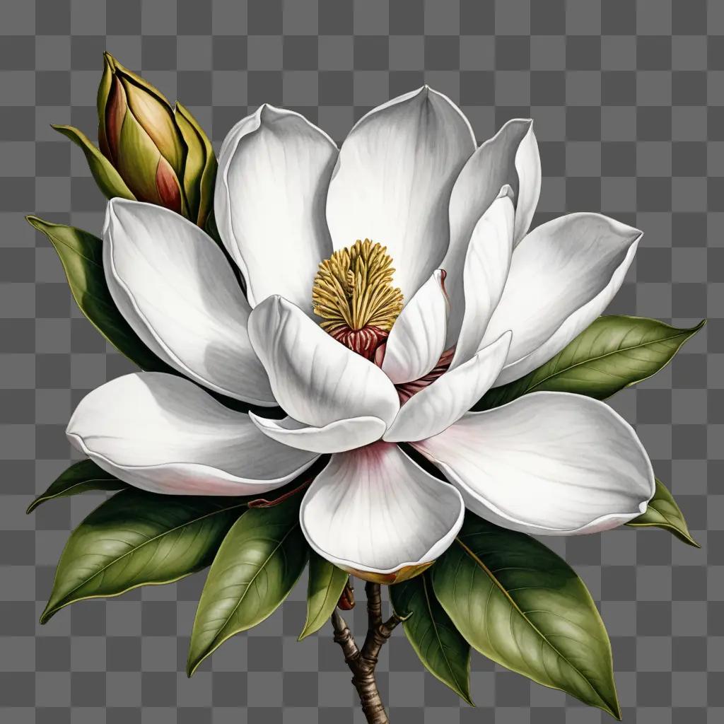 Magnolia flower drawing with green leaves