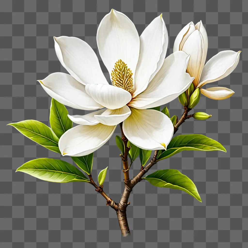 Magnolia flower with green leaves and gold center