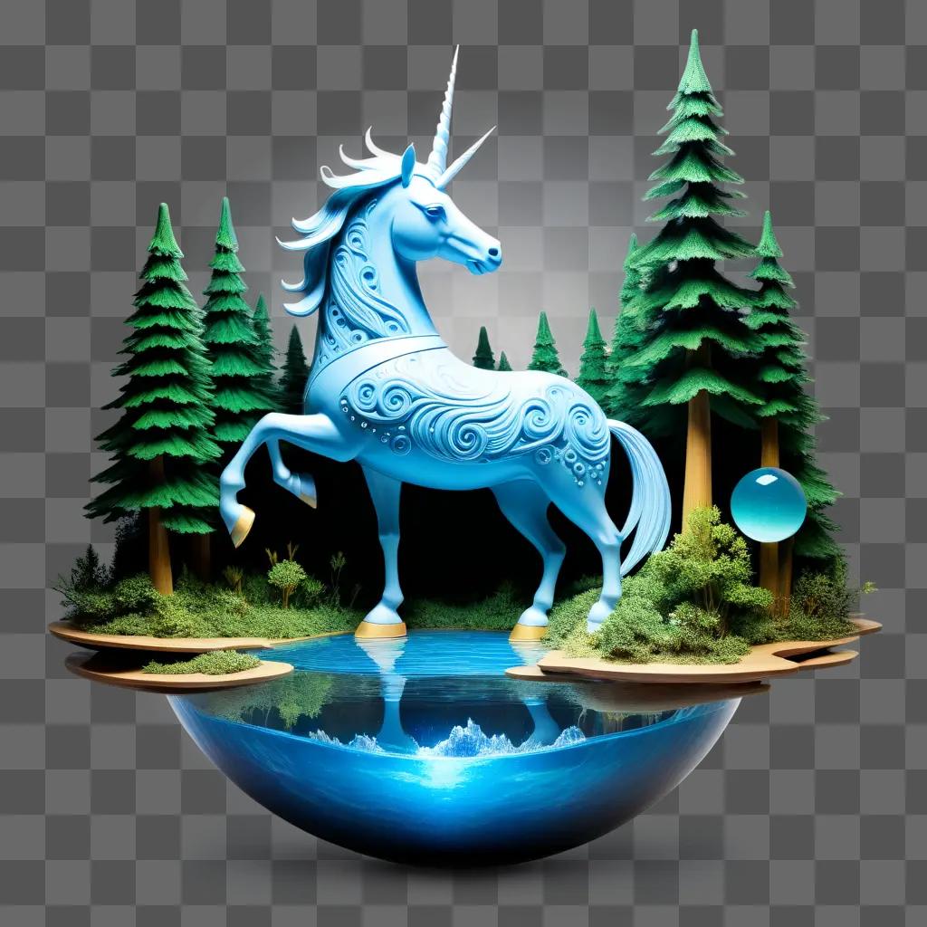 Make a sculpture of a blue unicorn in a forest