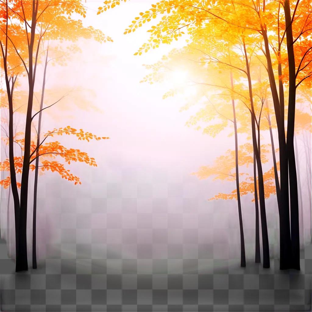 Make a tree photo with a foggy forest in the background