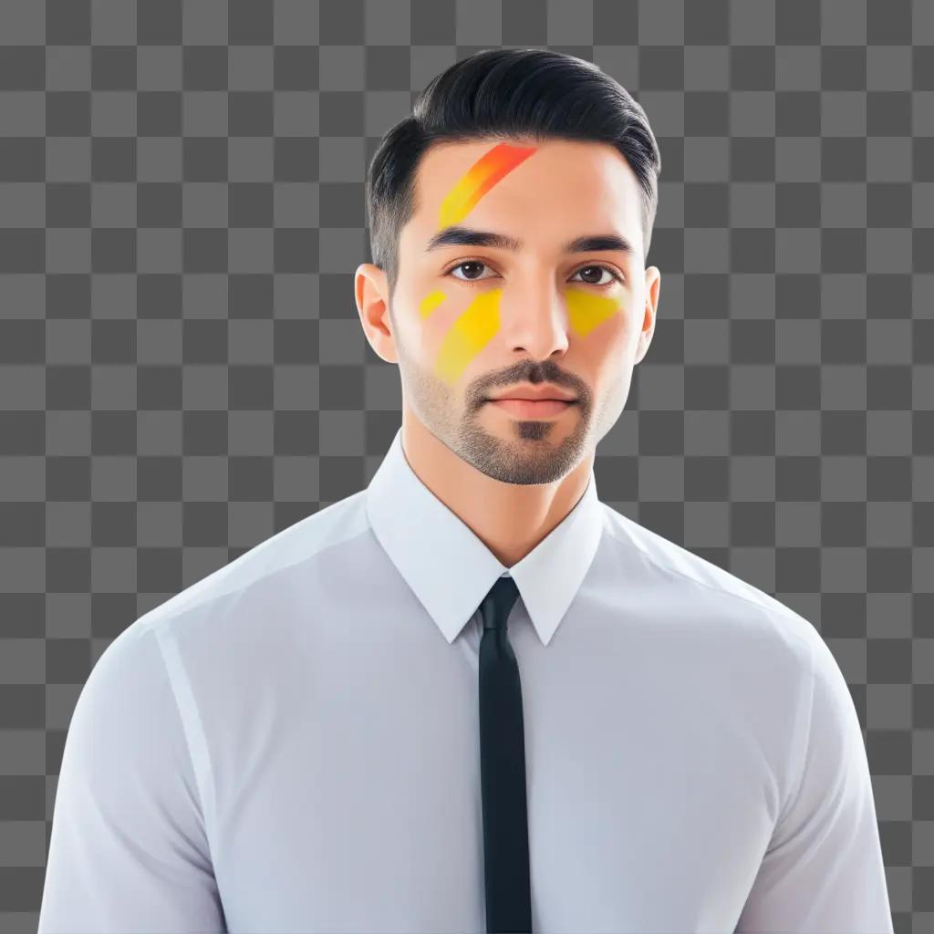 Male model with bright face paint in a white shirt