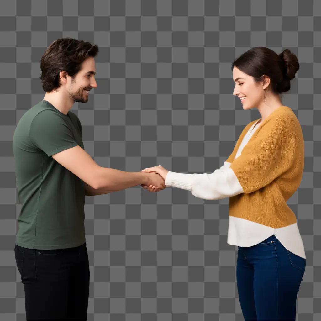 Man and woman shake hands in a caring manner