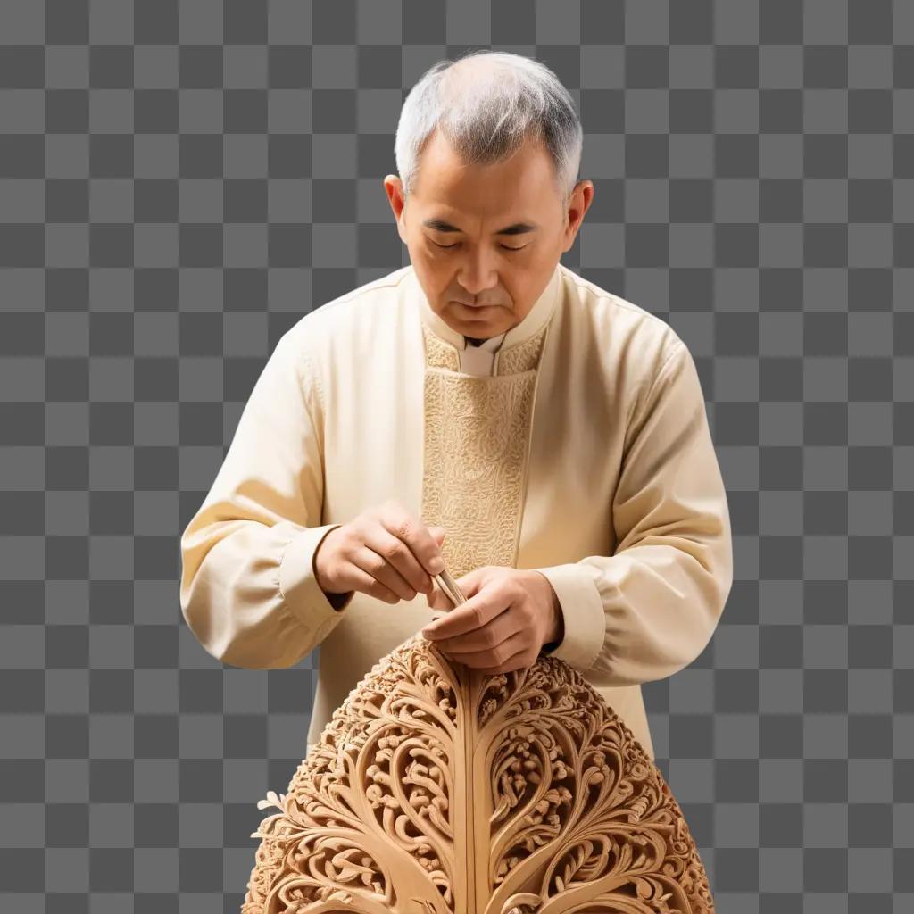 Man carving intricate designs on a wooden object