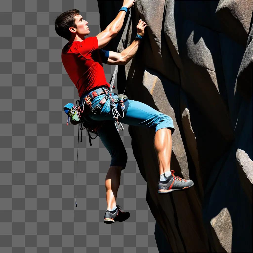 Man climbs rocky wall in a red shirt