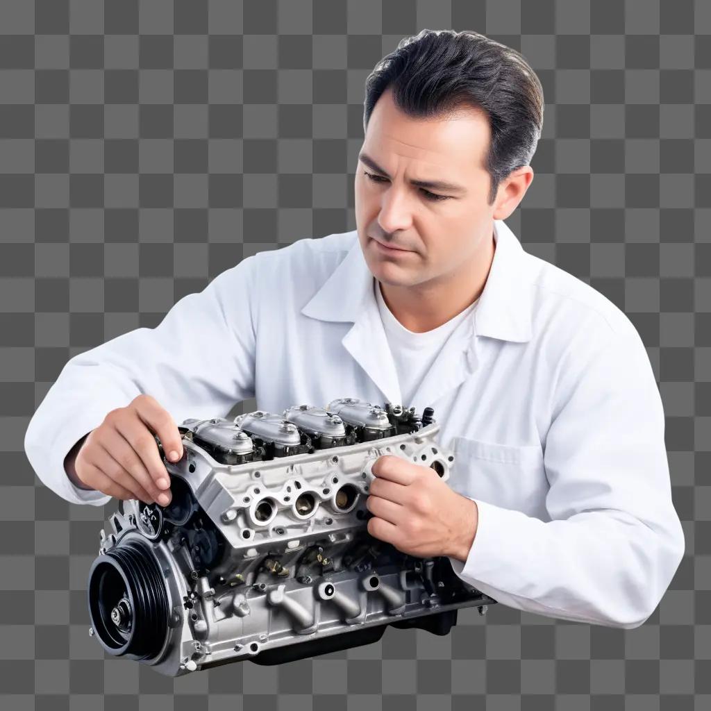 Man examining engine parts for repair