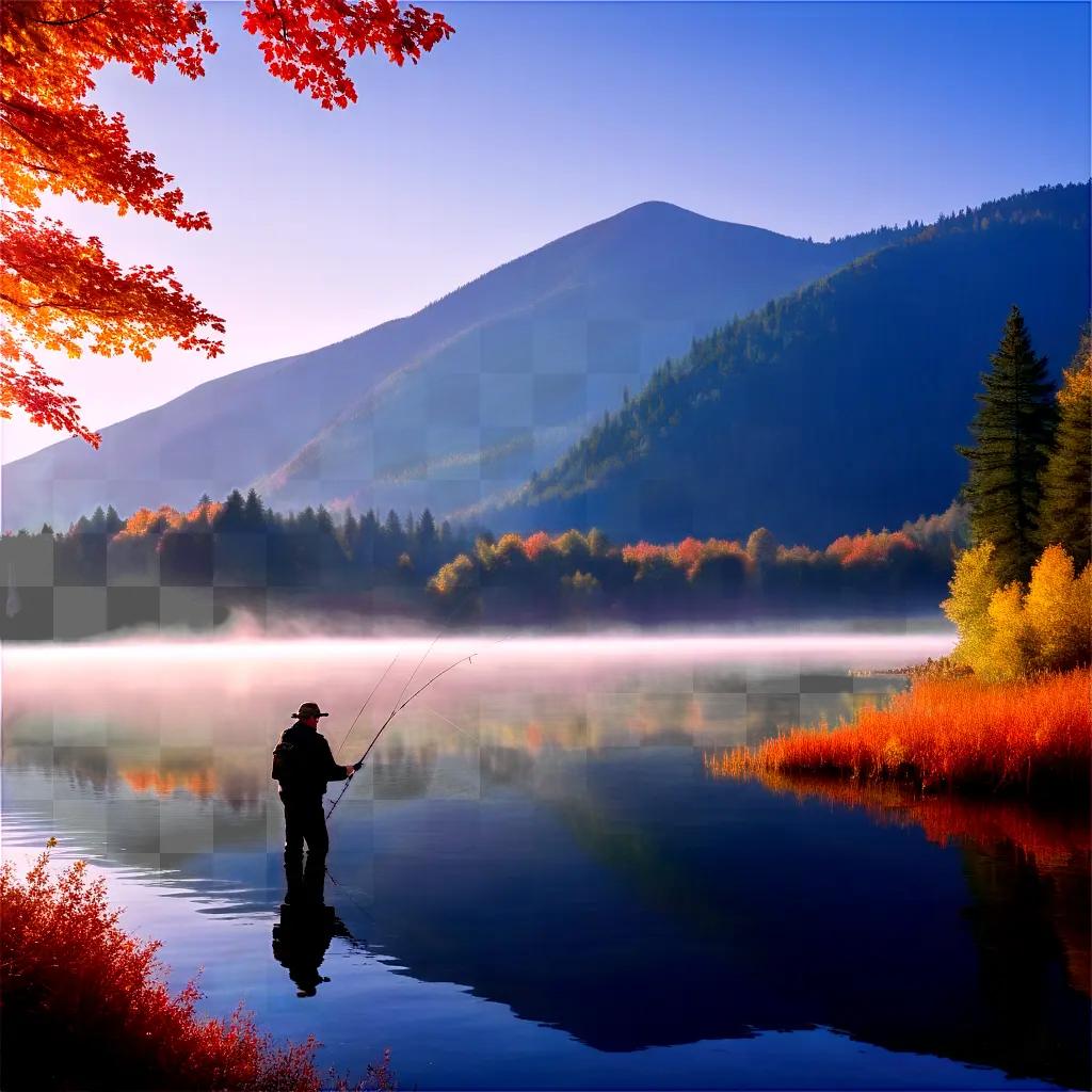 Man fishing on foggy lake in autumn