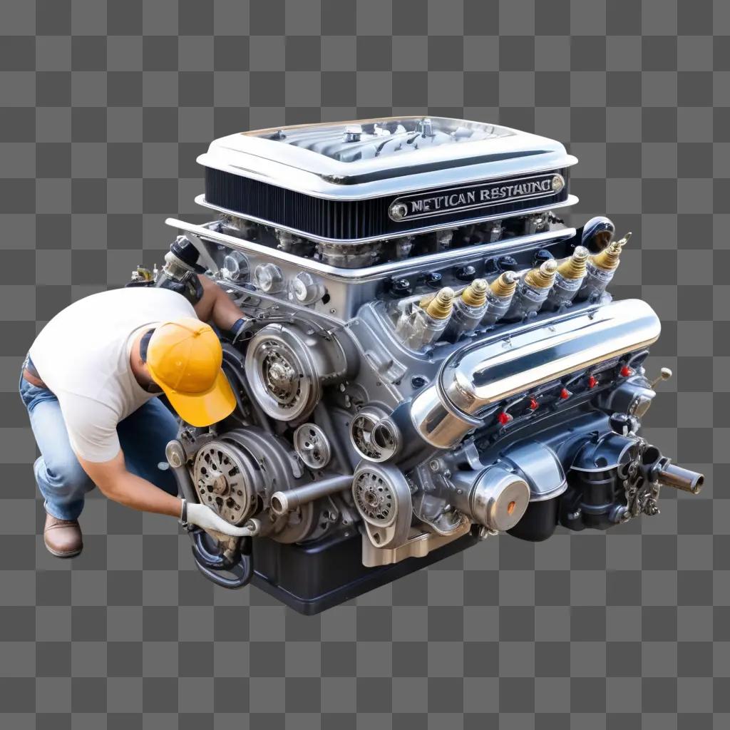 Man fixes a large engine with a wrench