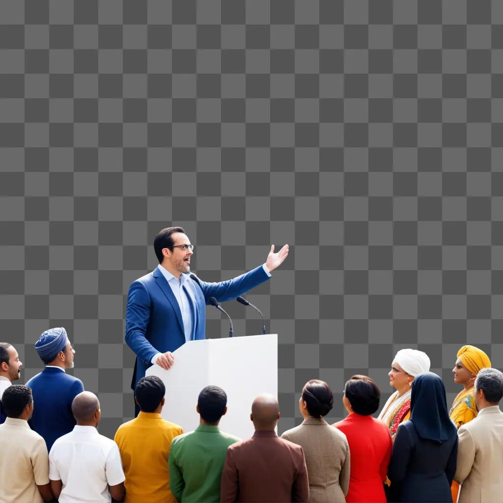 Man giving a speech in front of a crowd of people