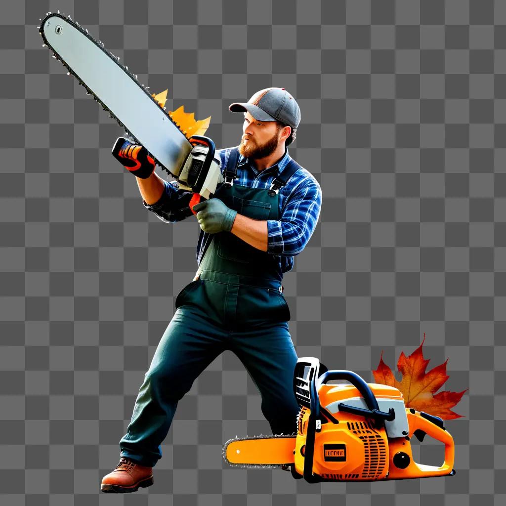 Man holding a chain saw on a grey background