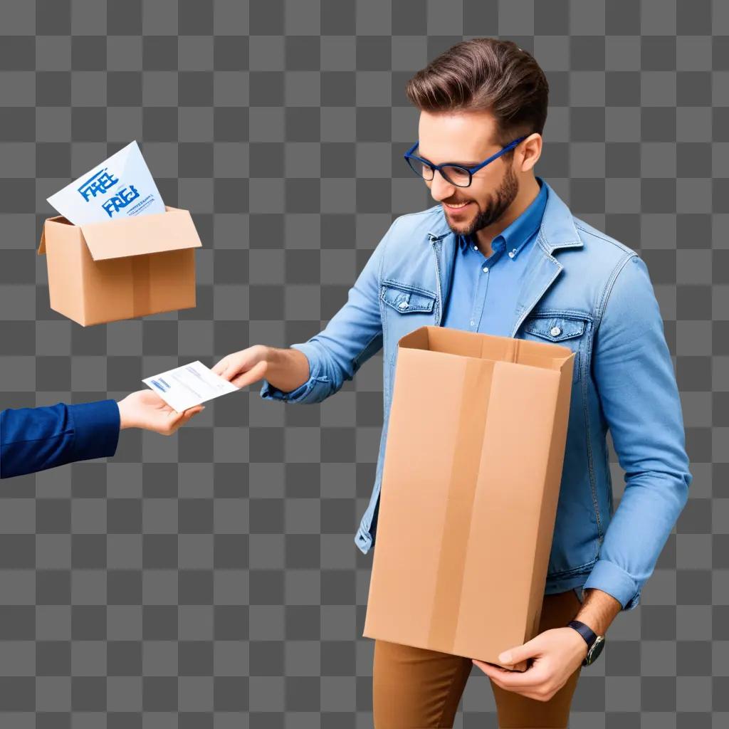 Man holding cardboard box with free shipping sign